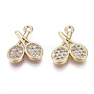 Sport Theme, Brass Micro Pave Clear Cubic Zirconia Charms, Tennis Racket, Real 18K Gold Plated, 13x11x2mm, Hole: 1.2mm(KK-Q764-020)