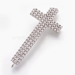 Brass Micro Pave Cubic Zirconia Links, Long-Lasting Plated, Sideways Cross, Lead Free & Nickel Free & Cadmium Free, Clear, Real Platinum Plated, 47x20x2mm, Hole: 1.5mm(ZIRC-O026-11P-NR)
