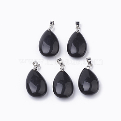 Natural Obsidian Gemstone Pendants, with Platinum Tone Brass Findings, teardrop, 23.5x15x8mm, Hole: 4x4mm(X-G-S299-35)