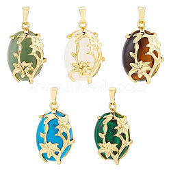 Elite 5Pcs 5 Styles Natural & Synthetic Mixed Gemstone Pendants, Natural Quartz Crystal & Green Aventurine & Tiger Eye, Synthetic Turquoise & Malachite, with Brass Findings, Oval Charm with Flower, Golden, 32x20x9mm, Hole: 5x8mm, 1pc/style(G-PH0036-01)