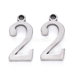 201 Stainless Steel Charms, Number, Laser Cut, Stainless Steel Color, Num.2, 15x7.5x1.5mm, Hole: 1.5mm(STAS-R108-02)