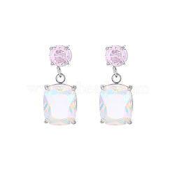 Cubic Zirconia Rectangle Dangle Stud Earrings, 304 Stainless Steel Earrings, Stainless Steel Color, 15x8mm(EP4155)