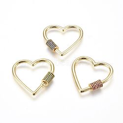 Brass Micro Pave Cubic Zirconia Screw Carabiner Lock Charms, for Necklaces Making, Heart, Golden, Mixed Color, 31x31x3mm(ZIRC-G156-12G)