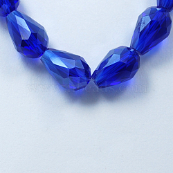 Electroplate Glass Beads Strands, Pearl Luster Plated, Faceted, teardrop, Blue, 15x10mm, Hole: 1.5mm, about 50pcs/strand, 31 inch(X-EGLA-R008-15x10mm-8)