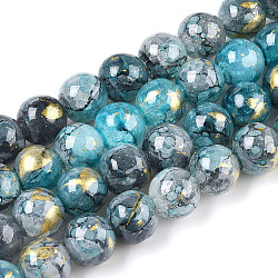 Baking Painted Crackle Glass Bead Strands, with Gold Powder, Round, Sky Blue, 10mm, Hole: 1.4mm, about 80pcs/strand, 30.87 inch(78.4cm)(DGLA-R053-05C-A)