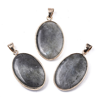 Natural Labradorite Pendants, with Light Gold Plated Brass Edge and Snap on Bail, Oval, 35~36x21.5x6.5mm, Hole: 6x7mm