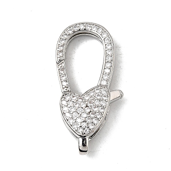 Brass Clear Cubic Zirconia Lobster Claw Clasps, Cadmium Free & Nickel Free & Lead Free, Heart, Platinum, 28.5x13.5x6mm, Hole: 4.5x2mm