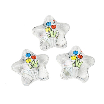 Transparent Printed Acrylic Beads, Star with Flower, Mixed Color, 20.5x22x10.5mm, Hole: 3mm