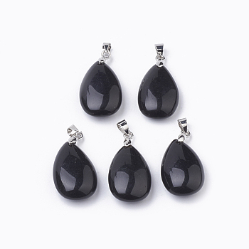 Natural Obsidian Gemstone Pendants, with Platinum Tone Brass Findings, teardrop, 23.5x15x8mm, Hole: 4x4mm