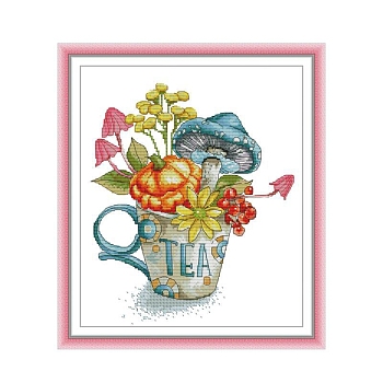 Teacup with Flower Pattern DIY Cross Stitch Beginner Kits, Stamped Cross Stitch Kit, Including 11CT Printed Cotton Fabric, Embroidery Thread & Needles, Instructions, Mixed Color, Fabric: 455x405x1mm