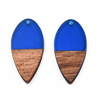 Transparent Resin & Walnut Wood Pendants, Teardrop Shape Charm, Blue, 38x18x3mm, Hole: 2mm