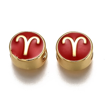 Brass Beads, with Enamel, Flat Round with Constellation, Real 18K Gold Plated, Red, Aries, 10x5mm, Hole: 4.5x2.5mm