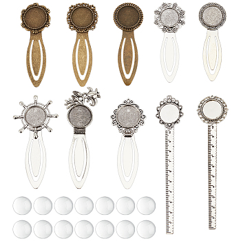 38pcs 14 Styles Alloy with  Iron Bookmark Cabochon Setting, with Alloy Flat Round Tray, Antique Silver, 17.5~81x18~31x4~5mm