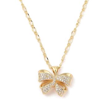 Brass Micro Pave Clear Cubic Zirconia Bowknot Pendant Necklaces for Women, Golden, 17.72 inch(45+4.3cm)