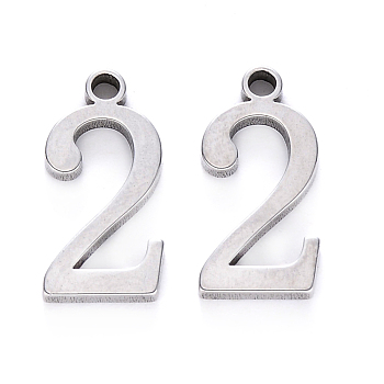 201 Stainless Steel Charms, Number, Laser Cut, Stainless Steel Color, Num.2, 15x7.5x1.5mm, Hole: 1.5mm