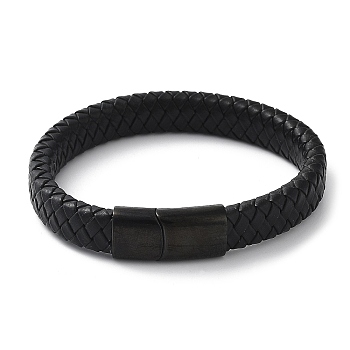 Braided Leather Cord Bracelets, with 304 Stainless Steel Magnetic Clasps, Electrophoresis Black, 205x12x6mm
