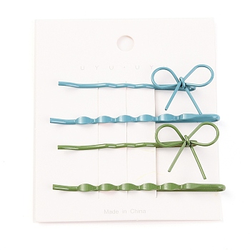 4Pcs Painted Iron Hair Bobby Pins, with Bowknot Alloy Findings, Mixed Color, 56x19.5x7mm, 63.5x2.5x5mm, 2 Styles, 2 Colors
