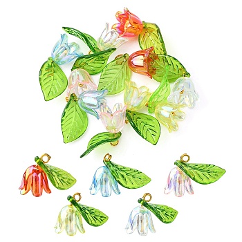 10Pcs 5 Colors Acrylic & Plastic Pendants, with Golden Tone Alloy Finding, Lily of the Valley Charm, Mixed Color, 13x17x10mm, Hole: 2mm, 2pcs/color