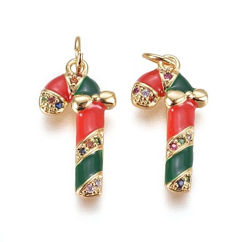 Brass Micro Pave Cubic Zirconia Pendants, with Enamel and Jump Ring, Christmas Candy Cane, Red & Green, Golden, 21x10.5x3mm, Hole: 3mm