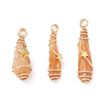 Electroplated Raw Rough Natural Quartz Crystal Copper Wire Wrapped Pendants, Copper Plated Teardrop Charms with Brass Star Beads, Golden, 29~35x8~10x7~10.5mm, Hole: 3.5mm