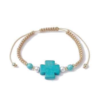 Synthetic Turquoise Cross & Imitation Pearl Braided Bead Bracelet, Adjustable Bracelet, Inner Diameter: 2-3/8~3-3/4 inch(6~9.5cm) 
