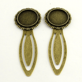 Iron Bookmark Cabochon Setting, with Alloy Flat Round Tray, Lead Free & Nickel Free & Cadmium Free, Antique Bronze, 78x28x3mm, Tray: 20mm
