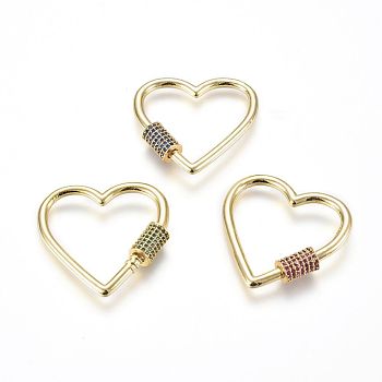 Brass Micro Pave Cubic Zirconia Screw Carabiner Lock Charms, for Necklaces Making, Heart, Golden, Mixed Color, 31x31x3mm