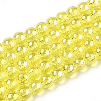 Electroplate Transparent Glass Beads Strands, AB Color Plated, Round, Yellow, 4~4.5mm, Hole: 0.8mm, about 97~99pcs/strand, 14.76 inch~14.96 inch(37.5~38cm)