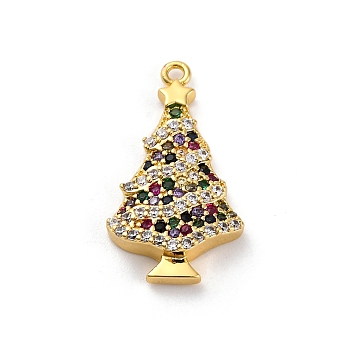 Christmas Series Brass Micro Pave Cubic Zirconia Pendants, Lead Free & Cadmium Free Charms, Christmas Tree, 23.5x13x3.5mm, Hole: 1.2mm