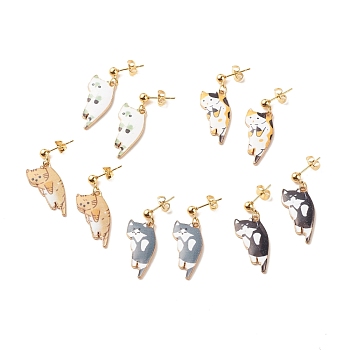 Alloy Cat Dangle Stud Earrings with Enamel, Gold Plated 304 Stainless Steel Jewelry for Women, Mixed Color, 33mm, Pin: 0.7mm