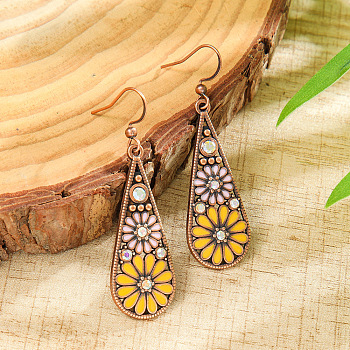 Bohemian Alloy Enamel Dangle Earrings, with Rhinestone, Teardrop with Flower Pattern, Red Copper, Gold, 55x17mm