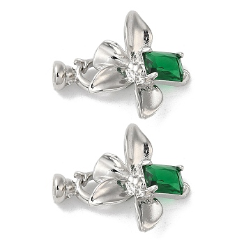 Rack Plating Brass Pave Green Glass Flower Fold Over Clasps, Cadmium Free & Lead Free, Long-Lasting Plated, Platinum, Flower: 21x21.8x8.3mm, Hole: 5.6x4.3mm & 1.5mm, Clasp: 12.6x7x5.6mm, 3.8mm inner diameter