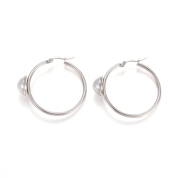 304 Stainless Steel Hoop Earrings, with Acrylic Imitation Pearl, Ring, Stainless Steel Color, 37x40.5x2~12mm, Pin: 1x0.6mm