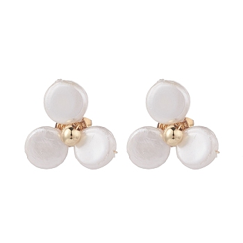 Shell Pearl Flower Stud Earrings with Brass Pin for Women, White, 16.5x16mm, Pin: 0.7mm