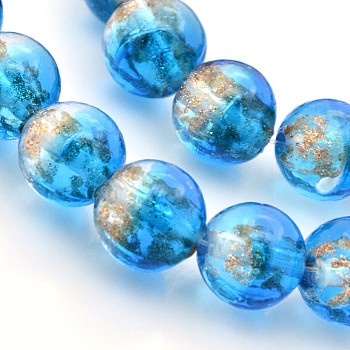 Handmade Two Tone Gold Sand Lampwork Round Beads Strands, Deep Sky Blue, 12mm, Hole: 1.6~2mm, about 33pcs/strand, 15.7 inch