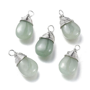 Natural Green Aventurine Pendants, with Platinum Plated Brass Wire, Teardrop, 24~30x13~16x8mm, Hole: 3x3.5mm