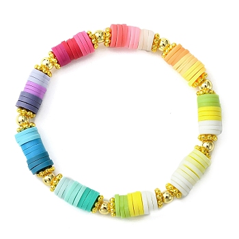 Polymer Clay Disc & Alloy Round Beaded Stretch Bracelet, Preppy Bracelet, Colorful, Inner Diameter: 2 inch(5cm)