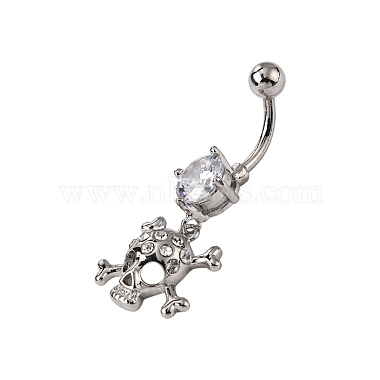 Piercing Jewelry Real Platinum Plated Brass Rhinestone Pirate Style Skull Navel Ring Belly Rings(AJEW-EE0001-28)-3