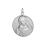 304 Stainless Steel Pendants, Flat Round with Virgin Mary Charms, with Jump Ring, Stainless Steel Color, 23x21mm(STAS-OY005-42P-01)