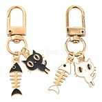 2Pcs Cat & Fishbone Alloy Enamel Pendant Decorations, with Swivel Clasps, Mixed Color, 53mm(KEYC-YW00170)