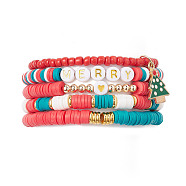 5Pcs 5 Styles Christmas Handmade Polymer Clay Beaded Stretch Bracelets Sets, Alloy Enamel and Brass Charms Stackable Bracelets for Women, Mixed Color, Inner Diameter: 2-1/2~2-7/8 inch(6.5~7.2cm), 1pc/style(BJEW-TA00489)