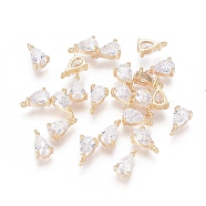 Real 18K Gold Plated Brass Charms, with Cubic Zirconia, Teardrop, Clear, 8.5x5.5x3.5mm, Hole: 1mm(ZIRC-L077-016B-G)