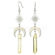 Natural Quartz Crystal Nuggets Dangle Earrings, 201 Stainless Steel Moon & Sun Long Drop Earrings with Brass Pins, Stainless Steel, 79x19.5mm(EJEW-TA00263)