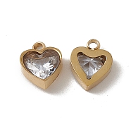Vacuum Plating 201 Stainless Steel Charms, Clear Glass Heart, Real 18K Gold Plated, 9x7.5x3mm, Hole: 1.5mm(STAS-J401-VC706)