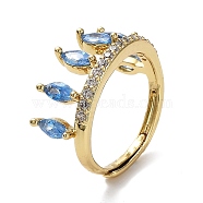 Cubic Zirconia Crown Adjustable Rings, Rack Plating Real 18K Gold Plated Brass Ring, Lead Free & Cadmium Free, Long-Lasting Plated, Light Sky Blue, Inner Diameter: 18mm(RJEW-Q777-10G-01)