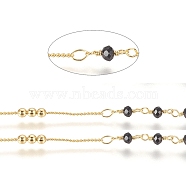 Brass Handmade Beaded Chain, Curb Chains, with Faceted Glass Bead, Long-Lasting Plated, Real 18K Gold Plated, Unwelded, with Spool, Black, 10x3mm, 45x2.8mm, about 32.8 Feet(10m)/roll(CHC-G011-10G-03)