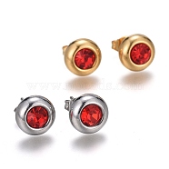 304 Stainless Steel Stud Earrings, with Cubic Zirconia and Ear Nuts, Flat Round, Red, Mixed Color, 9mm, Pin: 0.7mm, 6pairs/card(EJEW-L251-A02)