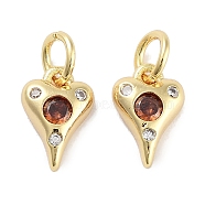 Brass Micro Pave Cubic Zirconia Charms, with Jump Ring, Heart, Real 18K Gold Plated, Chocolate, 10x6.5x2.5mm, Hole: 3mm(KK-C051-06G-02)