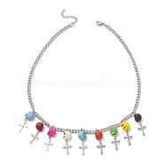 Dyed Synthetic Turquoise Skull with Cross Bib Necklace, 304 Stainless Steel Jewelry for Halloween, Colorful, 17.52 inch(44.5cm)(NJEW-TA00071)