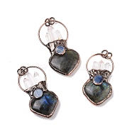 Natural Labradorite & Kyanite & Quartz Crystal Big Pendants, with Red Copper Tone Brass Findings, Jump Rings, Cadmium Free & Lead Free, Heart, 60~68x30~33.5x10.5~11mm, Hole: 6mm(G-I330-08R)